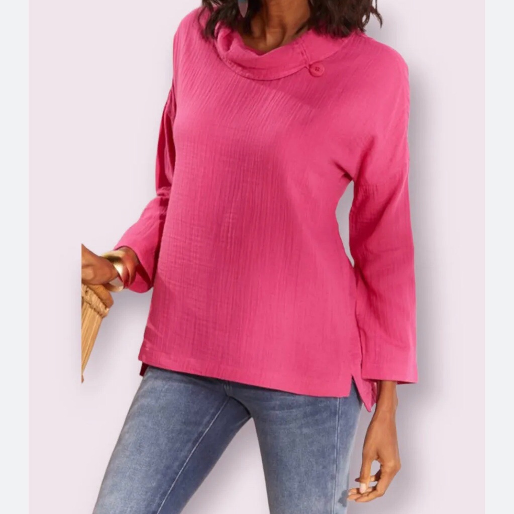 Soft Surroundings Giovinezza Fuchsia Pink Cowl Neck Gauze Top Misses Siz